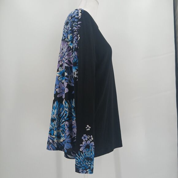 womens bob mackie wearable art long sleeve black floral blouse size large blue - Picture 5 of 6